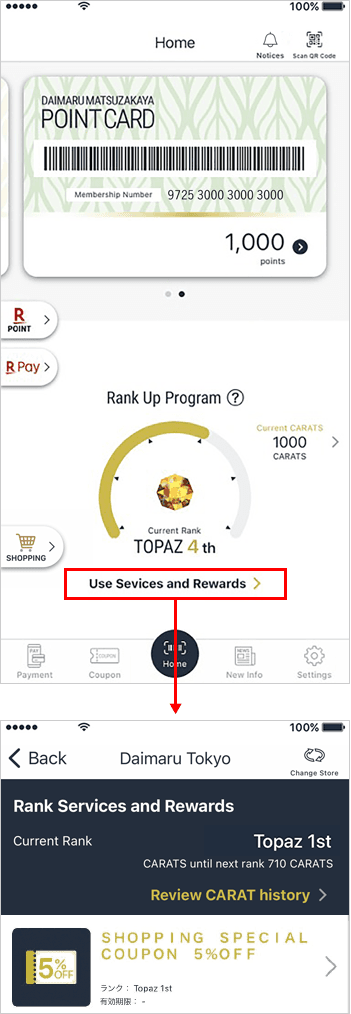 Tap “Use Rank-related Bonus Services and Rewards” on the app home screen to check service/reward details.