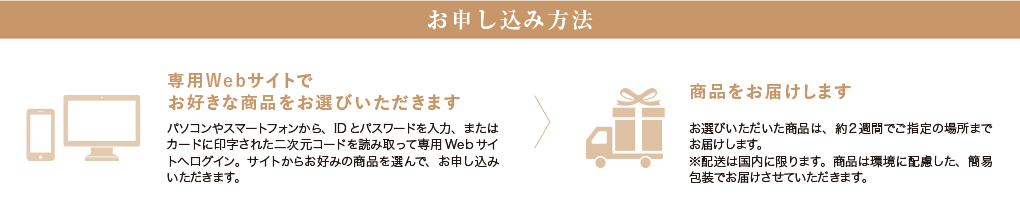 【お申し込み方法】 ［専用Webサイトでお好きな商品をお選びいただきます］パソコンやスマートフォンから、IDとパスワードを入力、またはカードに印字された二次元コードを読み取って専用Webサイトヘログイン。サイトからお好みの商品を選んで、お申し込みいただきます。 ［商品をお届けします］お選びいただいた商品は、約2週間でご指定の場所までお届けします。※配送は国内に限ります。商品は環境に配慮した、簡易包装でお届けさせていただきます。