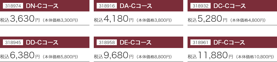 318974 DN-Cコース：税込3,630円(本体価格3,300円) 318916 DA-Cコース：税込4,180円(本体価格3,800円) 318932 DC-Cコース：税込5,280円(本体価格4,800円) 318945 DD-Cコース：税込6,380円(本体価格5,800円) 318958 DE-Cコース：税込9,680円(本体価格8,800円) 318961 DF-Cコース：税込11,880円(本体価格10,800円)