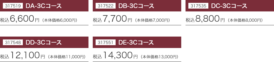 317519 DA-3Cコース：税込6,600円(本体価格6,000円) 317522 DB-3Cコース：税込7,700円(本体価格7,000円) 317535 DC-3Cコース：税込8,800円(本体価格8,000円) 317548 DD-3Cコース：税込12,100円(本体価格11,000円) 317551 DE-3Cコース：税込14,300円(本体価格13,000円)