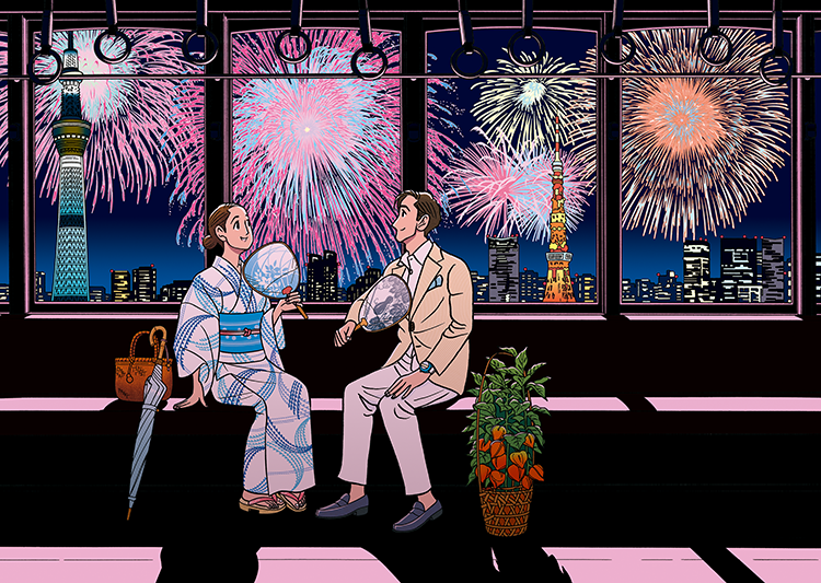 東京こよみ7月イラスト「東京花火」（2022年）