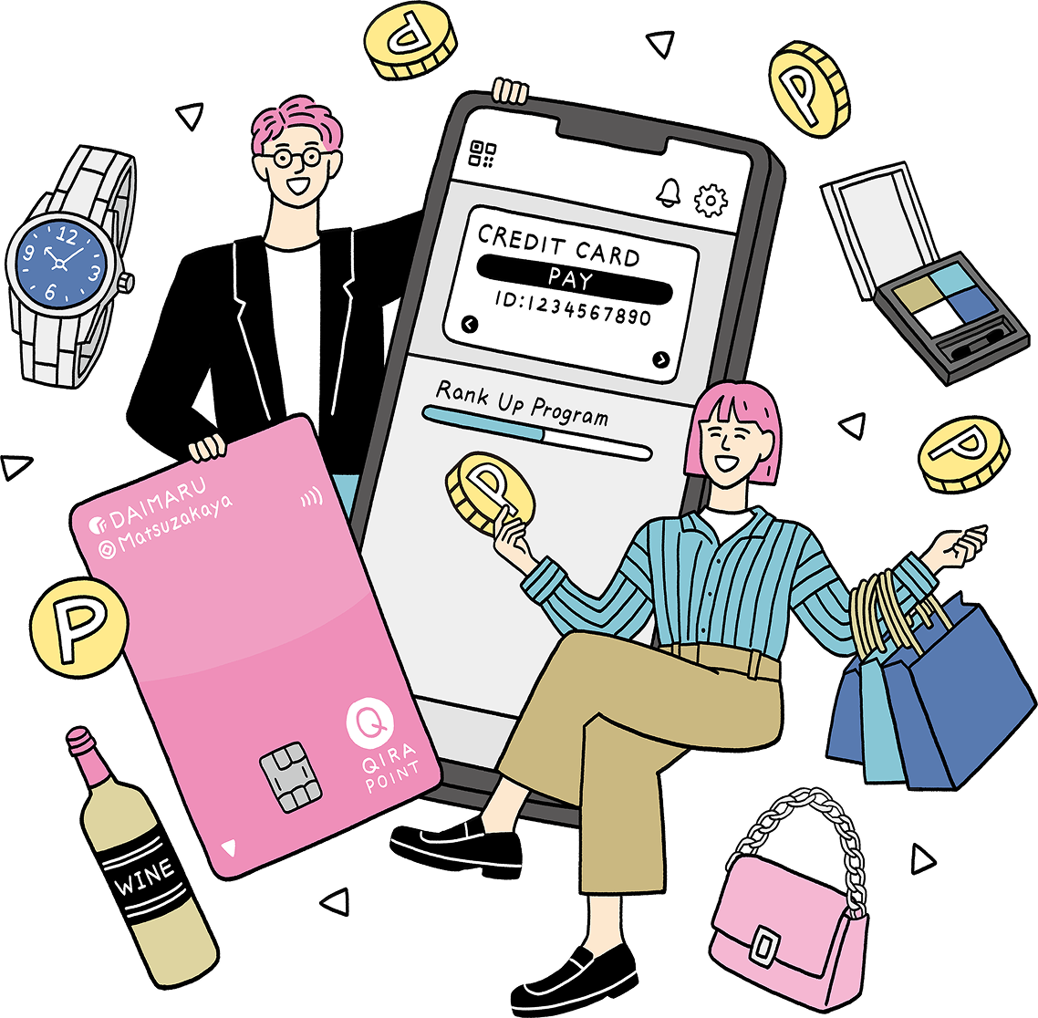 大丸・松坂屋のポイントサービスを利用する人々と、クレジットカード、腕時計、ワイン、バッグなどのイラスト