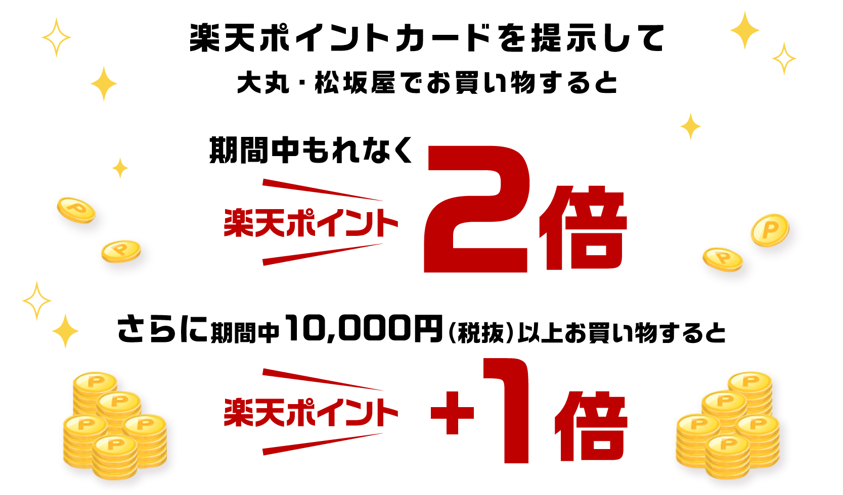 楽天ポイントカードを提示して大丸・松坂屋でお買い物すると期間中もれなく楽天ポイント2倍!さらに期間中10,000円(税抜)以上のお買い物をすると楽天ポイント+1倍!
